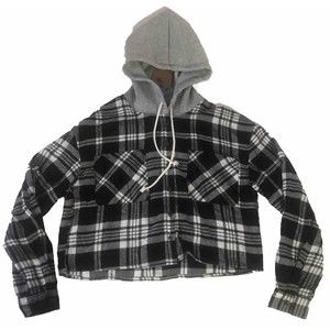 Hippie Rose Black Ivory Plaid Long Sleeve Hoodie Shirt Cropped Size Small NWT